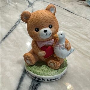 Vintage Russ Teddy Bear Holding Heart hugging a duck  Valentine figurine